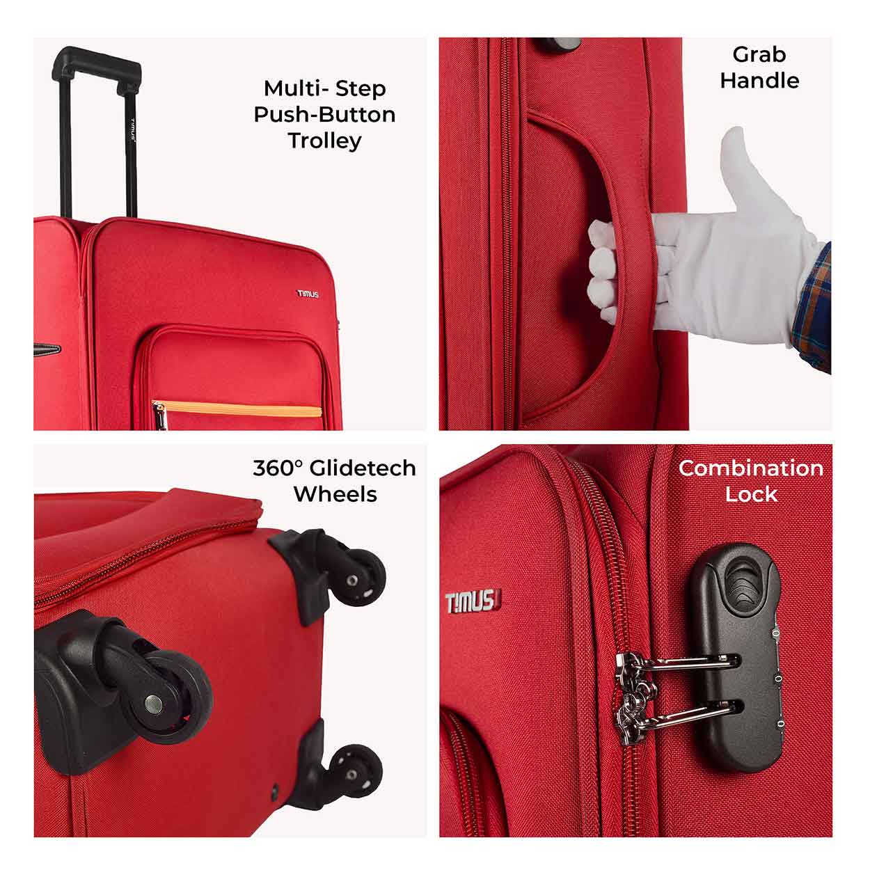 Collage showing key features of Nexon red luggage including push-button trolley, grab handle, 360-degree Glidetech wheels, and secure combination lock.