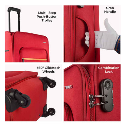 Collage showing key features of Nexon red luggage including push-button trolley, grab handle, 360-degree Glidetech wheels, and secure combination lock.