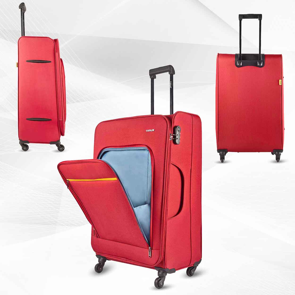 Red Nexon soft luggage shown from front, side, and rear angles, with front pocket unzipped to reveal light blue interior and yellow trim.