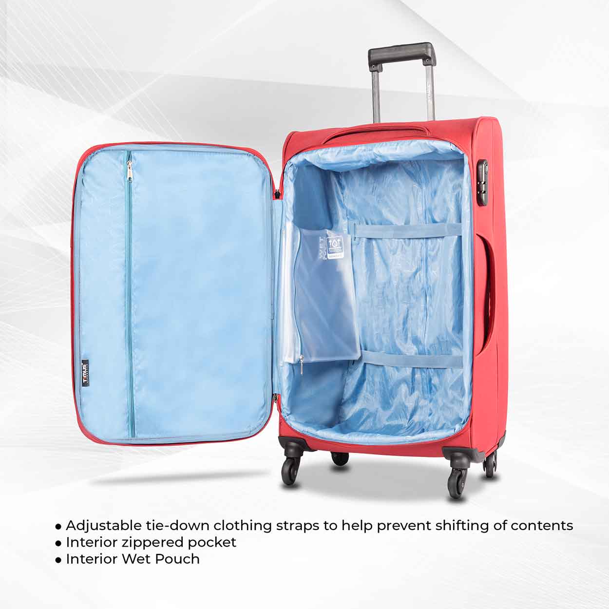 Open view of Nexon red soft luggage showcasing light blue interior with adjustable tie-down straps, zippered pocket, and interior wet pouch.