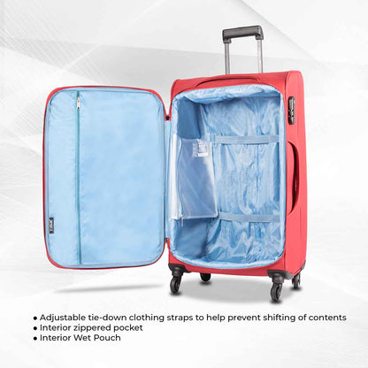 Open view of Nexon red soft luggage showcasing light blue interior with adjustable tie-down straps, zippered pocket, and interior wet pouch.
