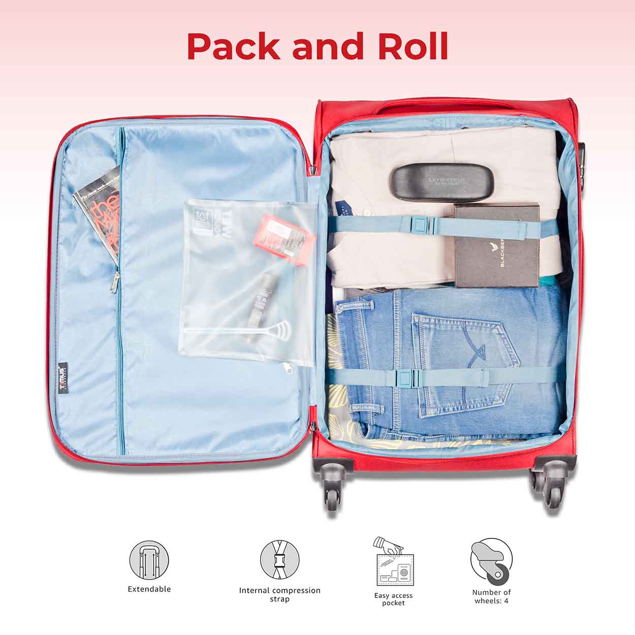 Open Nexon red luggage filled with neatly packed clothes using compression straps, showing internal zip pocket and wet pouch on the flap.