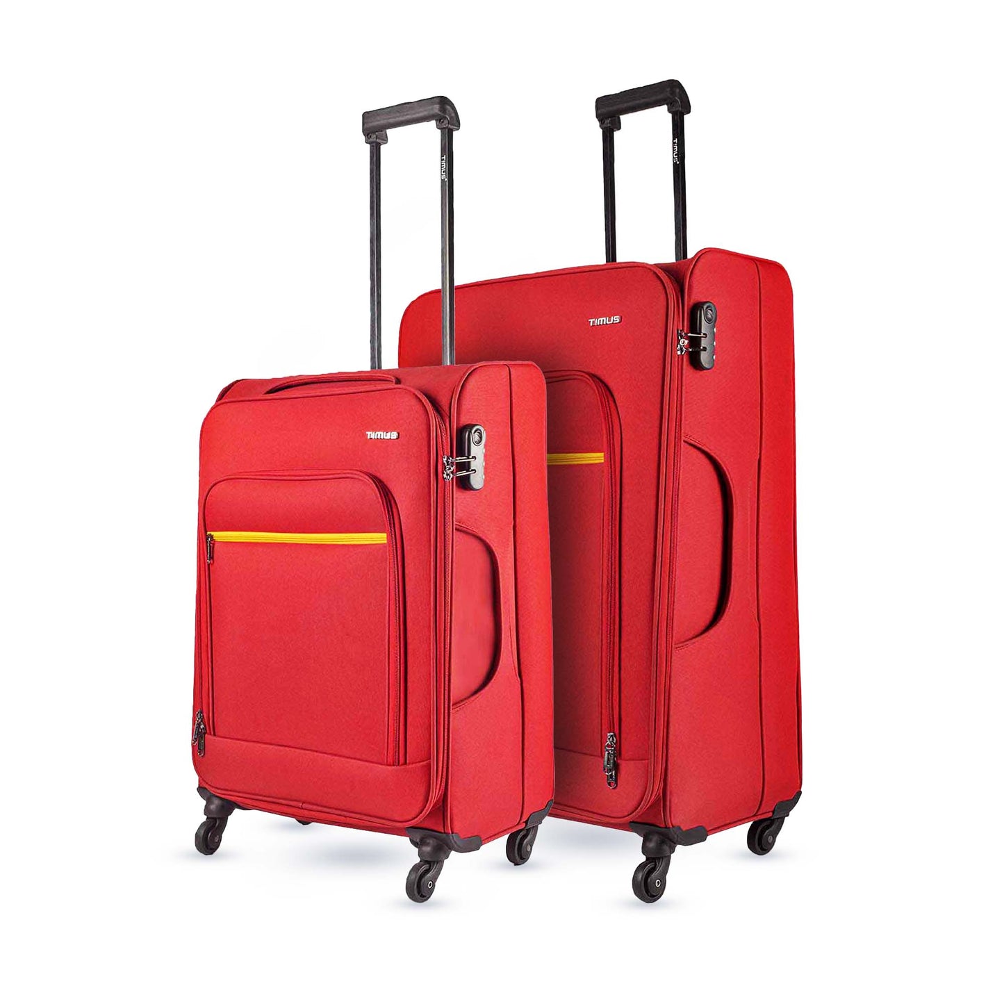 Side view of red Nexon luggage set showing combination locks, extended trolley handles, and 360-degree wheels.