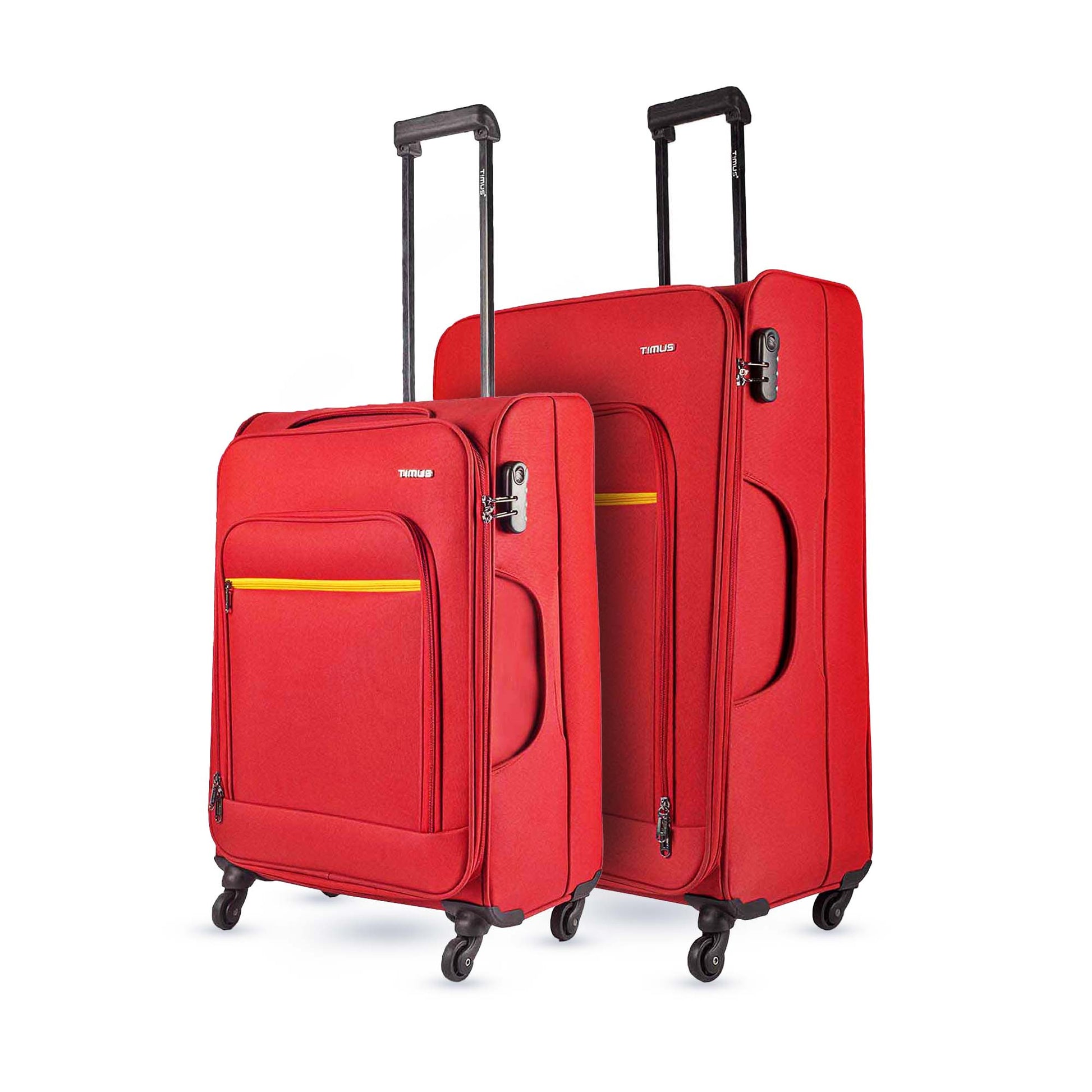 Side view of red Nexon luggage set showing combination locks, extended trolley handles, and 360-degree wheels.