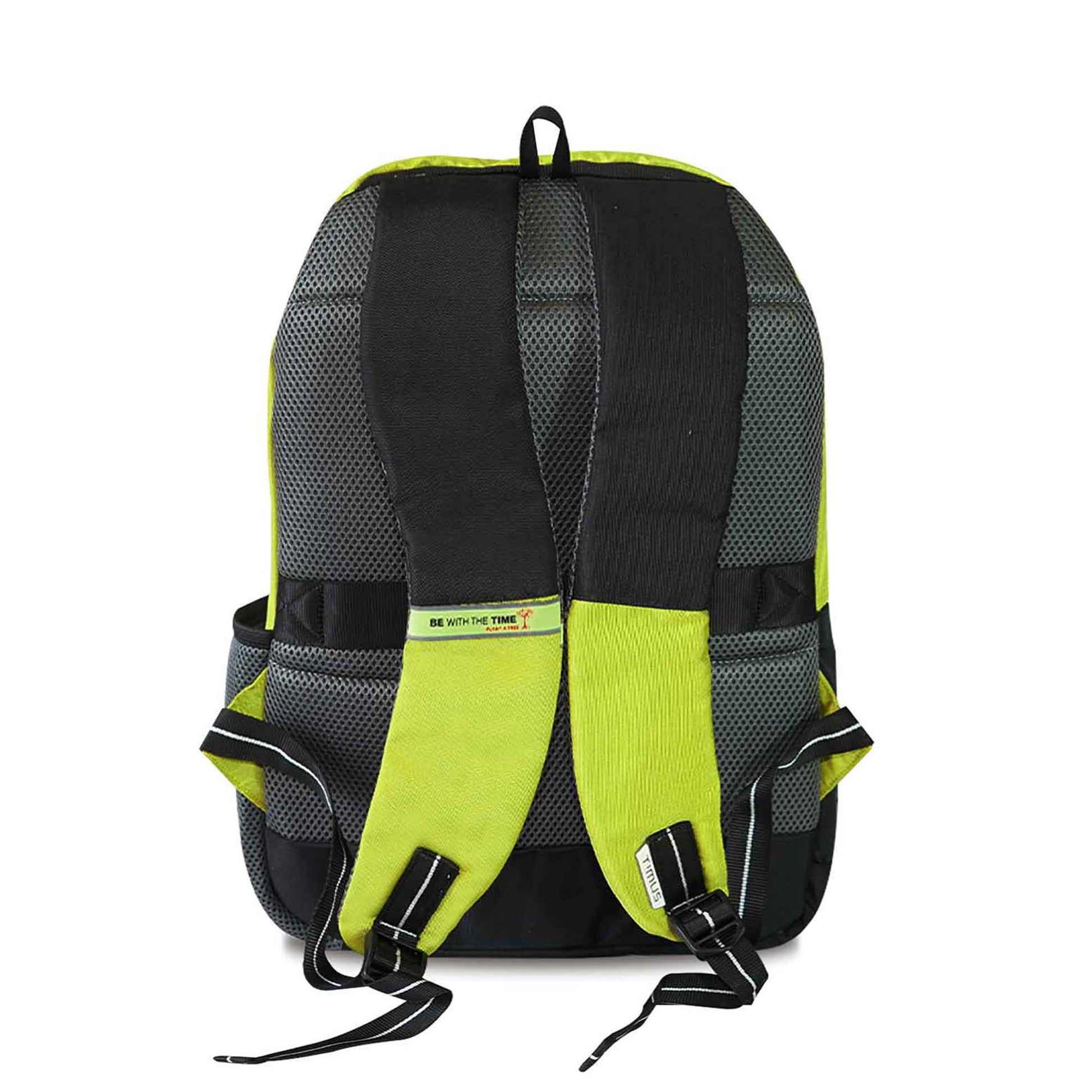 Back side view of the green Peru backpack showcasing padded shoulder straps, ventilated back panel, and “BE WITH THE TIME” branding tag