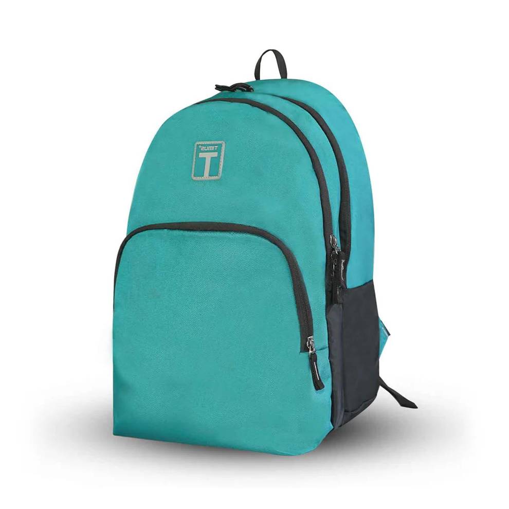 Angled front Left side view of the teal blue Peru backpack showing front zipper pocket, dual compartments, and visible Timus logo

