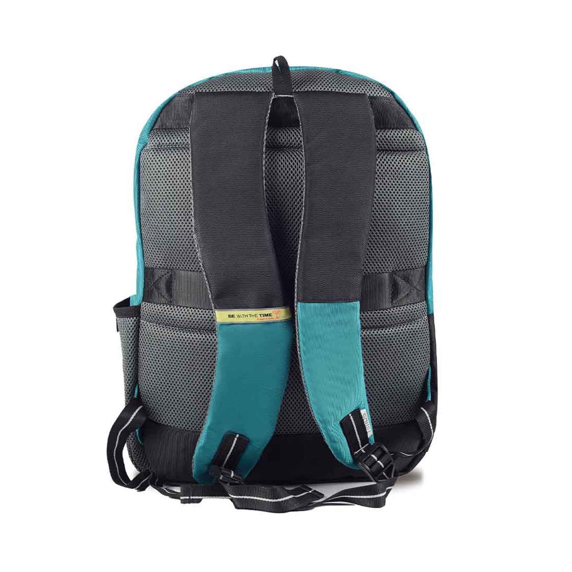 Back view of the teal blue Peru backpack showcasing padded shoulder straps, ventilated back panel, and “BE WITH THE TIME” branding tag

