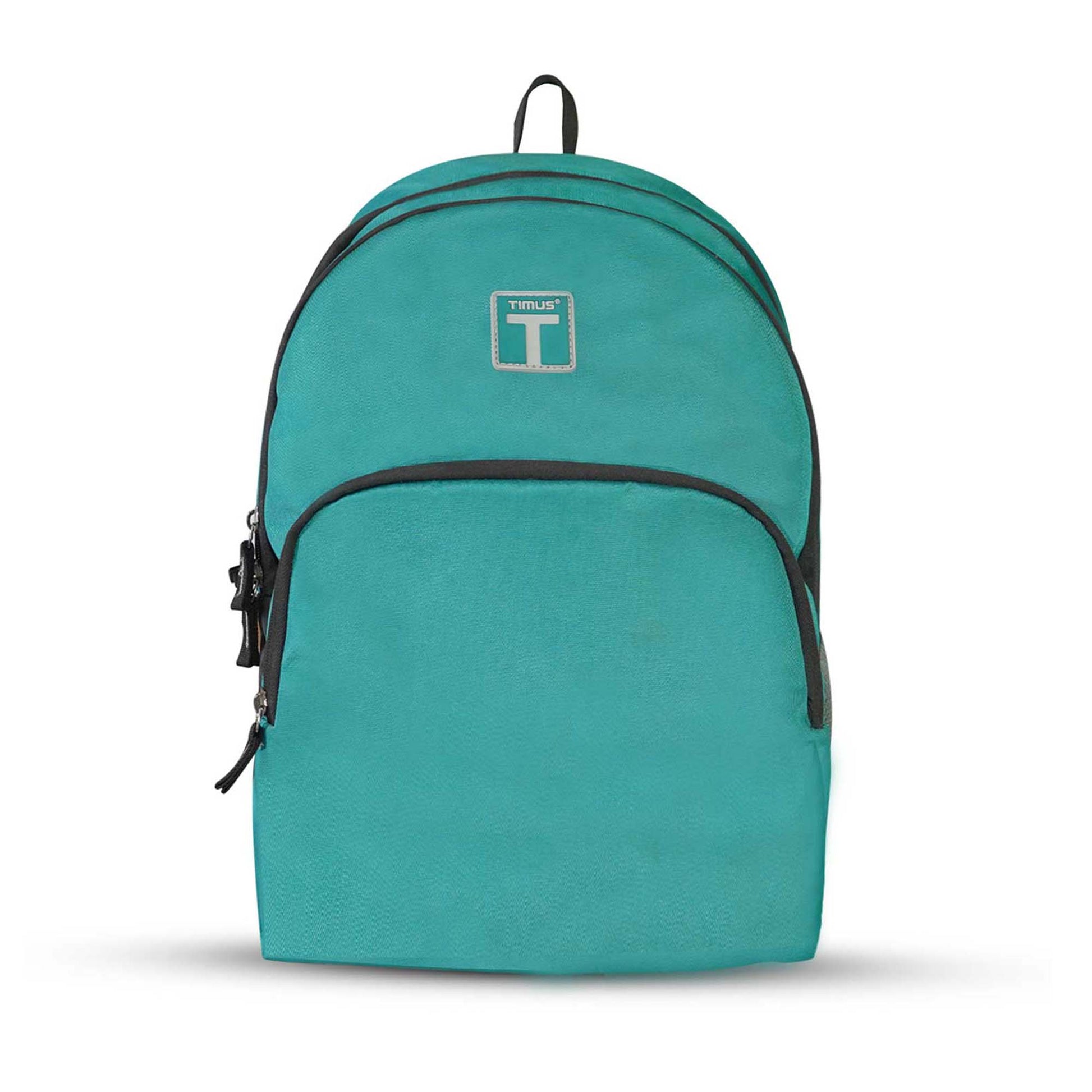 Front view of the teal blue Peru backpack with visible Timus logo and front zip pocket