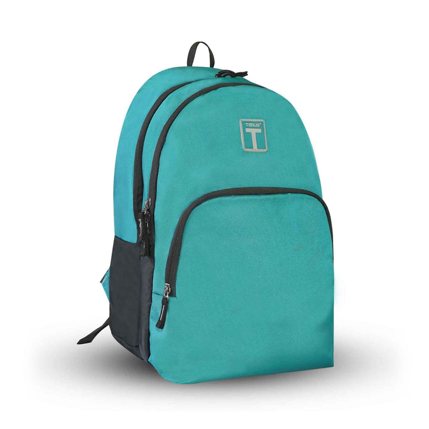 Right front angled view of the teal blue Peru backpack showing Timus logo, front pocket, and dual zipper compartments