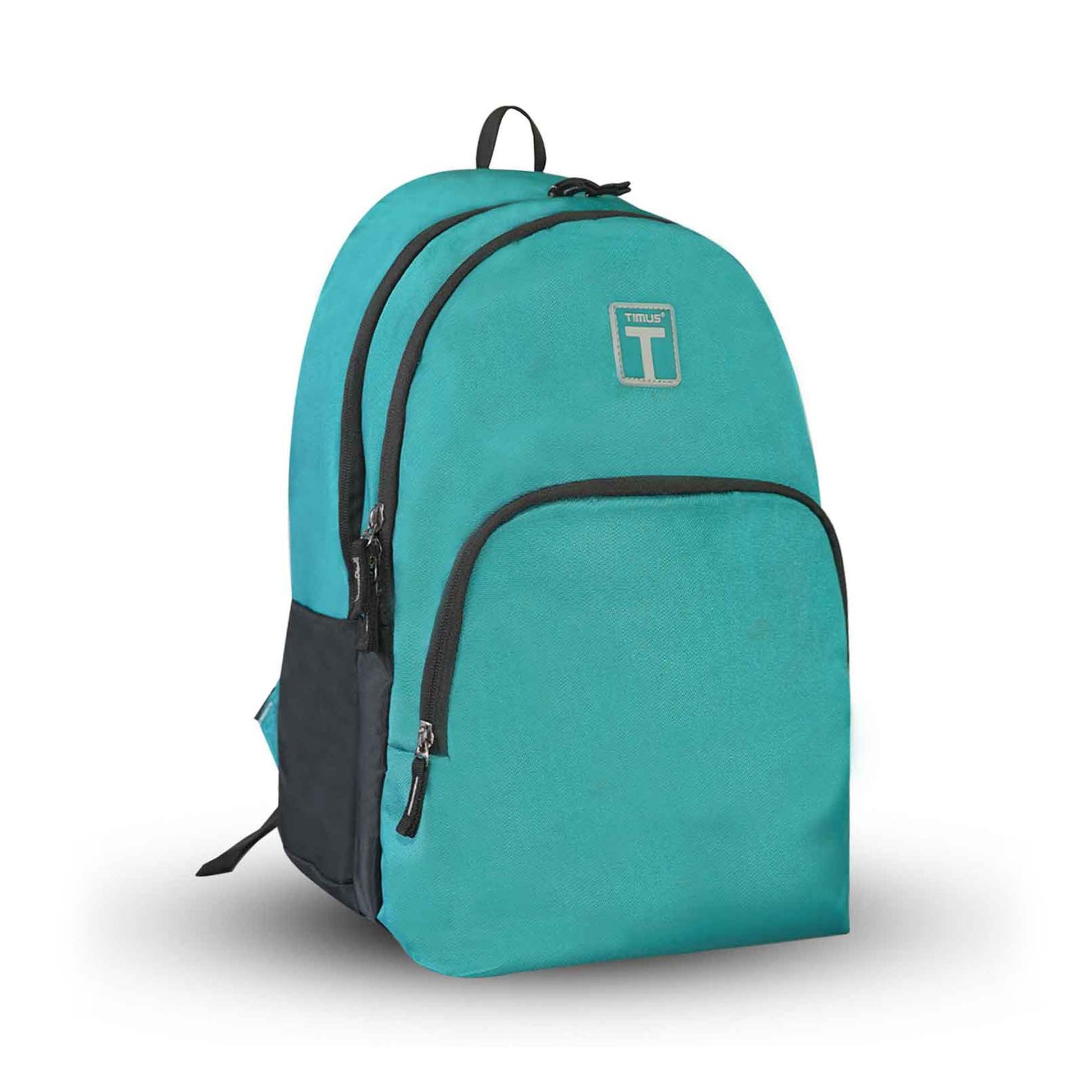 Right front angled view of the teal blue Peru backpack showing Timus logo, front pocket, and dual zipper compartments