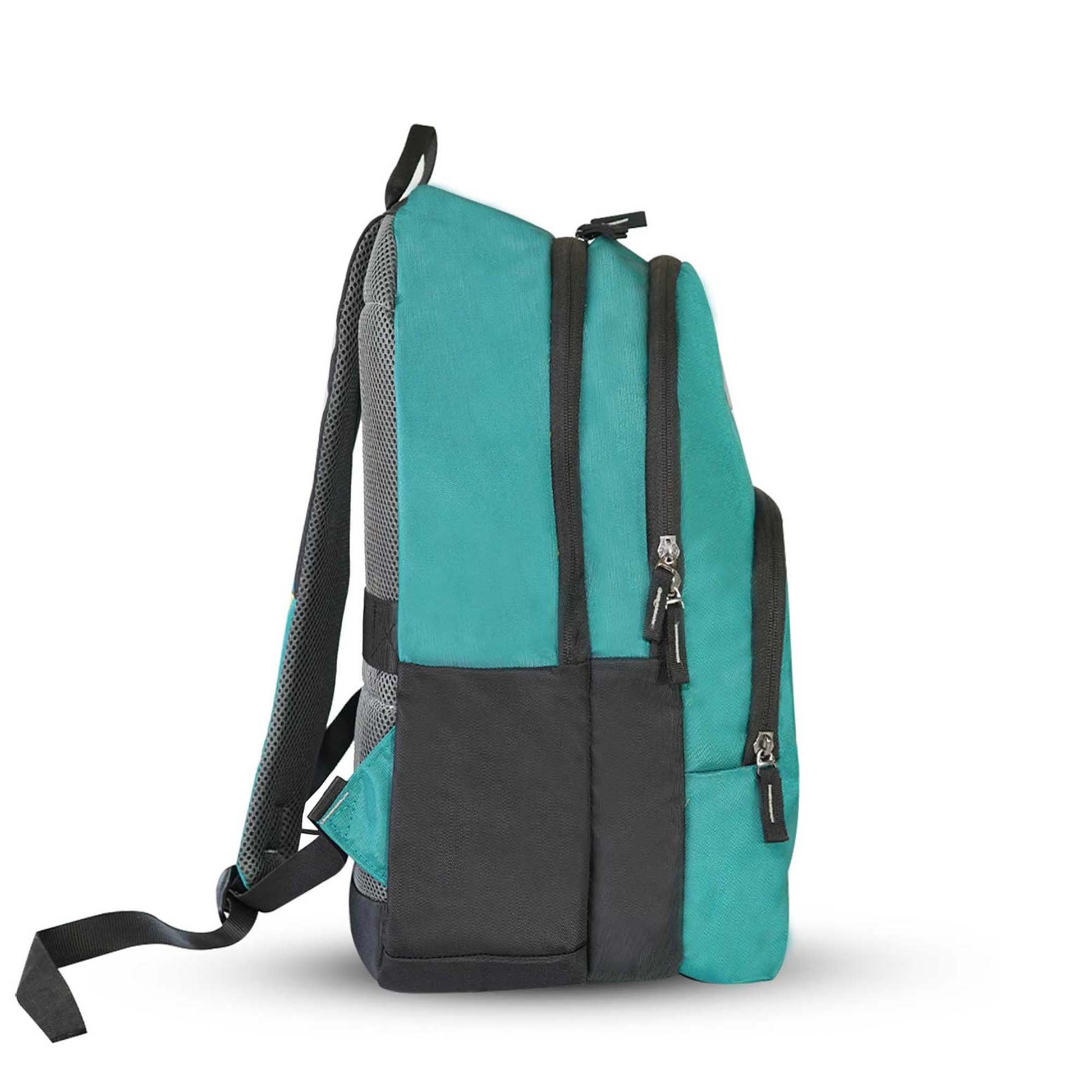 Right side view of the teal blue Peru backpack showing zippered side pocket, dual compartments, and part of the padded strap

