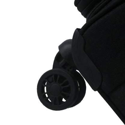 Close-up view of double spinner wheels on Salsa Plus black soft luggage, showing 360° rotation design for smooth and stable movement.