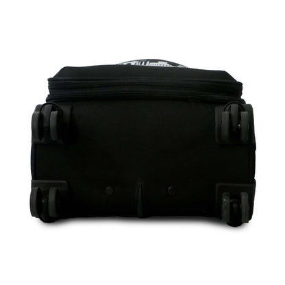 Bottom view of black Salsa Plus soft luggage showcasing sturdy spinner wheels and base support for smooth mobility.