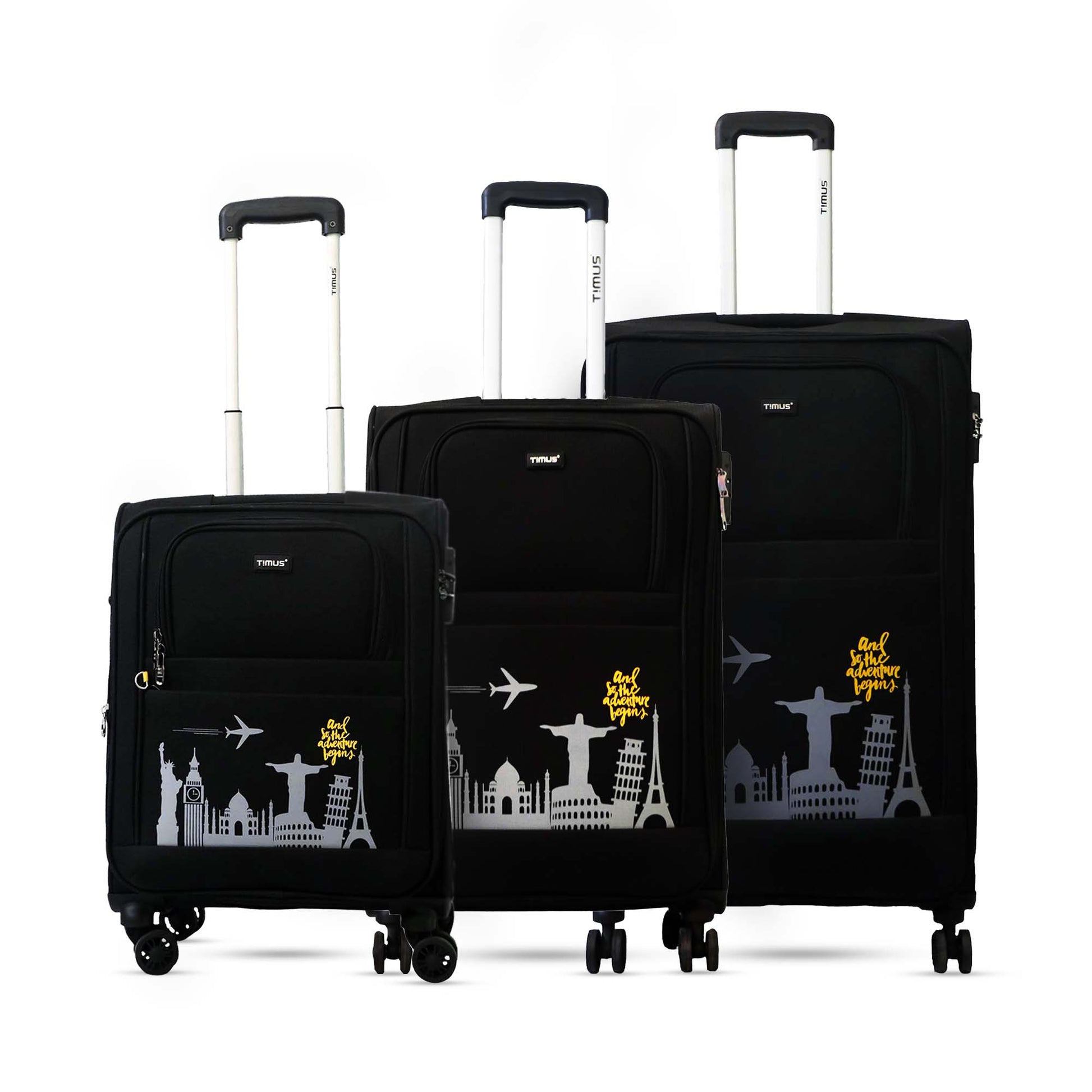 Set of three black soft luggage bags from Salsa Plus in 58 cm, 68 cm, and 78 cm sizes, featuring a premium fabric finish, skyline print, and sturdy trolley handles.