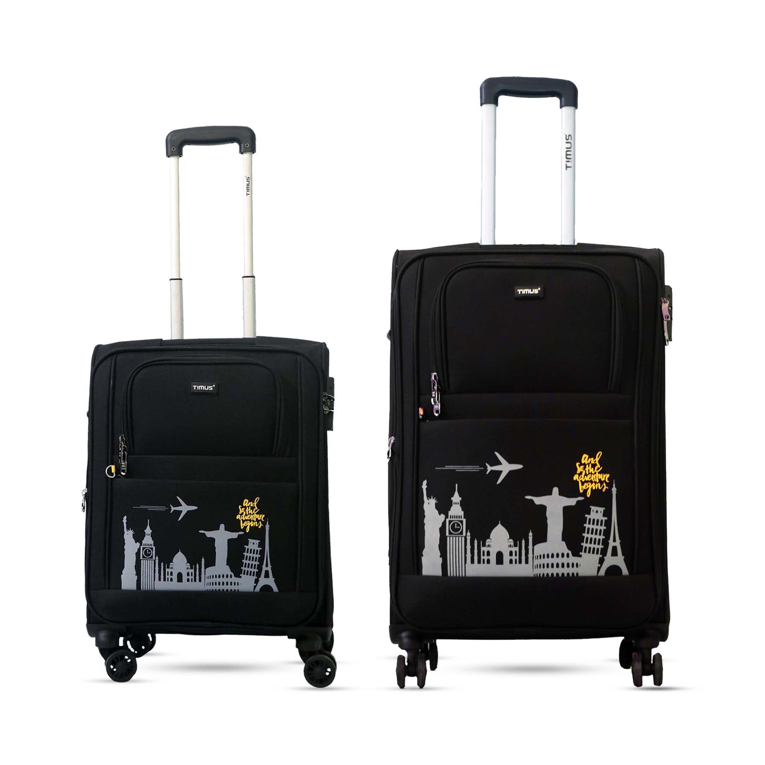 Salsa Plus black soft luggage set in 58 cm and 68 cm sizes, featuring stylish travel-themed prints, push-button trolley handles, and 360-degree double spinner wheels.