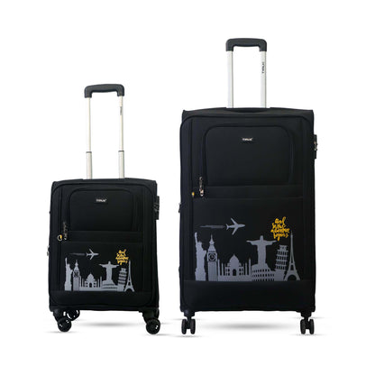 Salsa Plus black soft luggage combo in 58 cm and 78 cm sizes, featuring printed travel icons, extendable trolley handles, and durable 360-degree double wheels.