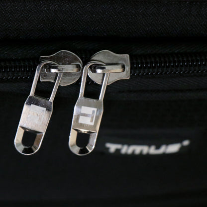 Close-up of premium zippers on the Salsa Plus black soft luggage highlighting smooth glide, high-quality finish, and durable stitching
