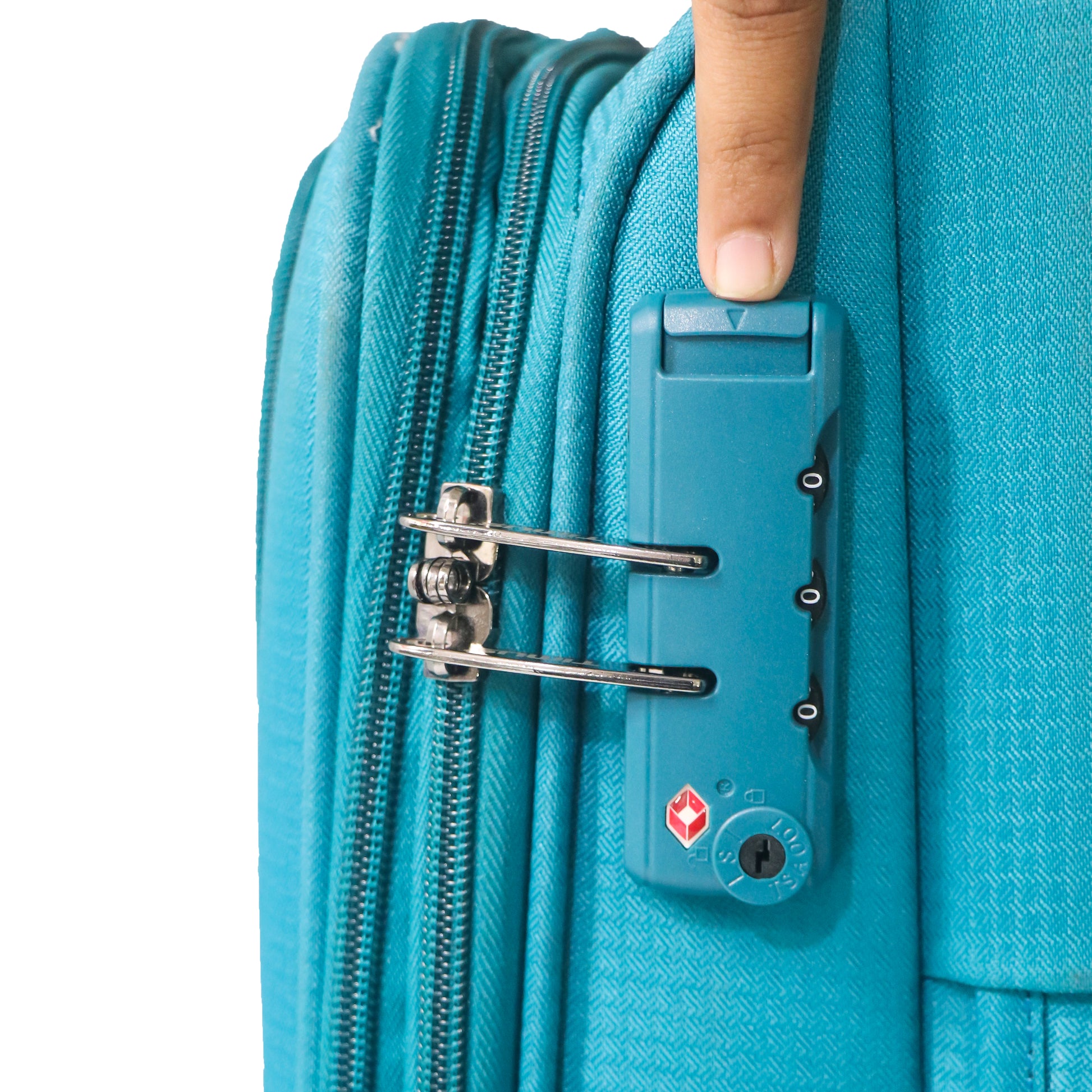 Close-up of TSA-approved lock on the blue Salsa Plus soft luggage, showing secure and travel-friendly locking system