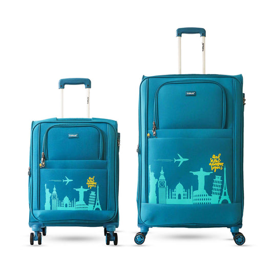 Salsa Plus blue soft luggage set of 58 cm and 78 cm sizes, with travel-themed prints, 360° spinner wheels, TSA locks, and telescopic trolley handles.