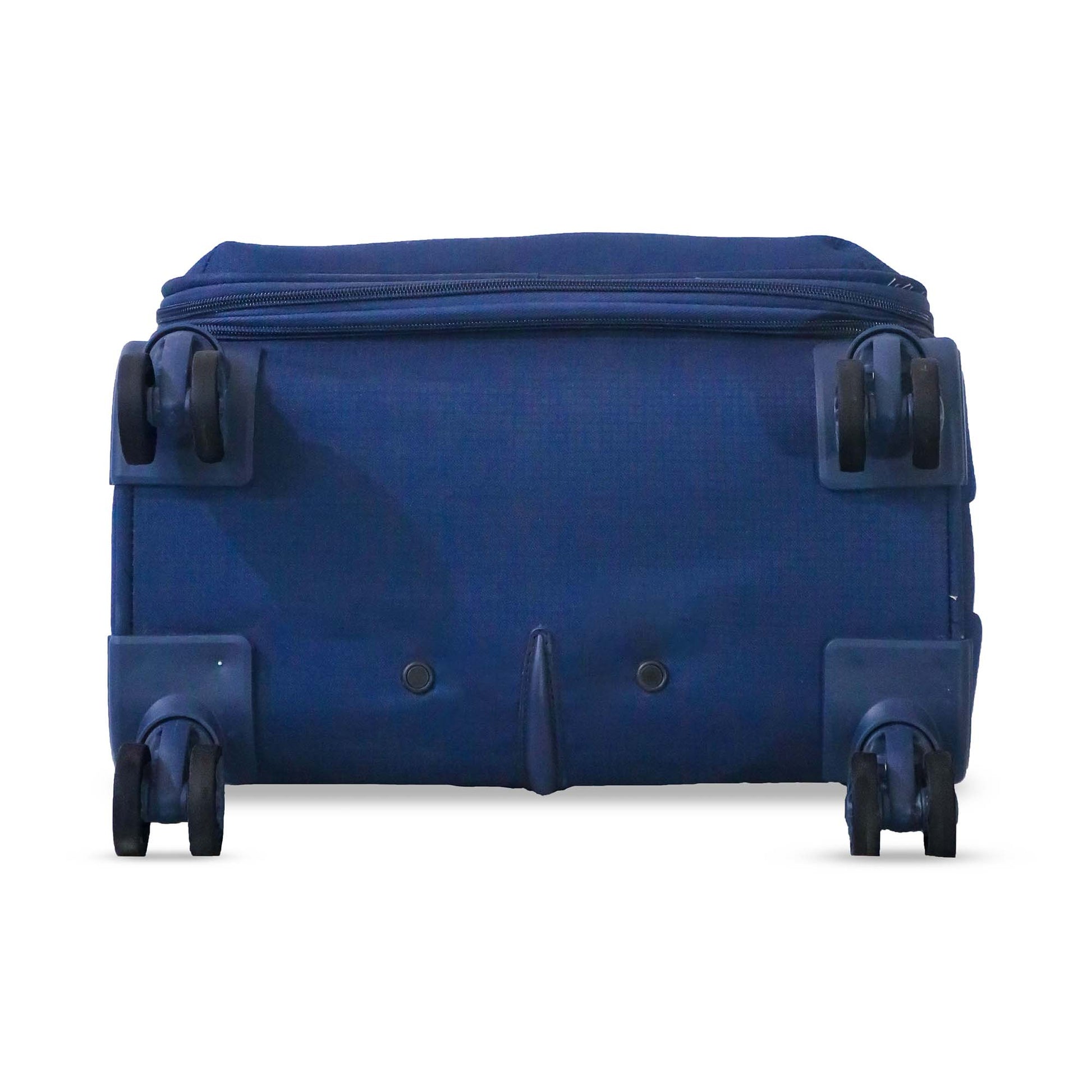 Bottom view of navy blue Salsa Plus luggage highlighting all 8 spinner wheels designed for 360-degree smooth mobility and balanced support.
