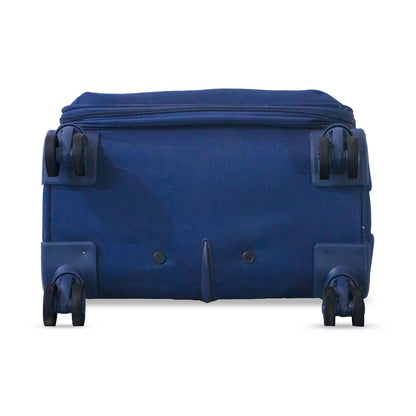 Bottom view of navy blue Salsa Plus luggage highlighting all 8 spinner wheels designed for 360-degree smooth mobility and balanced support.