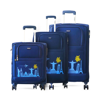 Set of three navy blue soft luggage bags from the Salsa Plus series in 58 cm, 68 cm, and 78 cm sizes with front view, showcasing Timus logo, trolley handles, 360° spinner wheels.