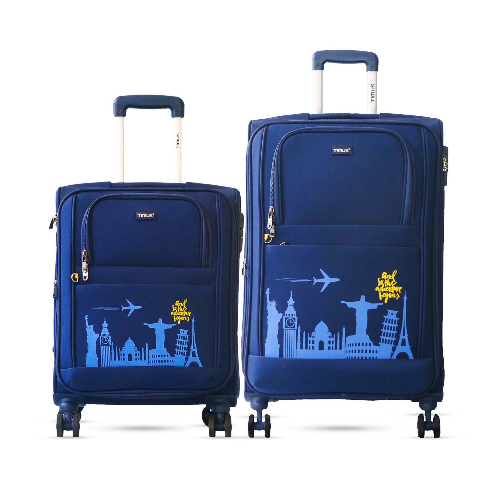 Salsa Plus navy blue soft luggage set in 58 cm and 68 cm sizes, featuring printed travel icons, sturdy trolley handles, and smooth-rolling 360-degree double wheels.