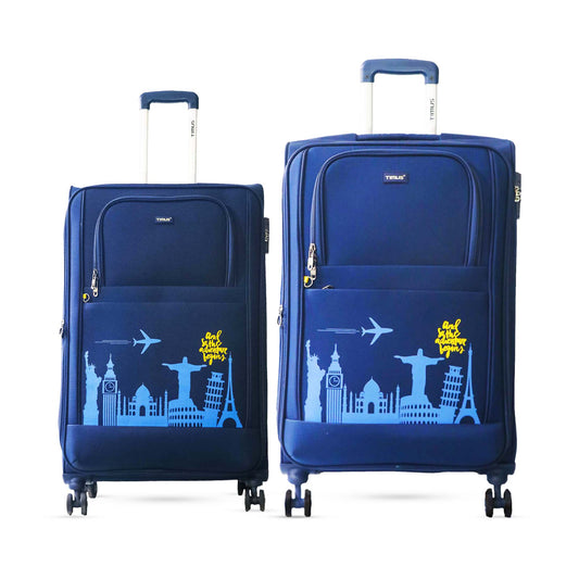 Two-piece navy blue Salsa Plus Soft Luggage set, including a medium and large suitcase with travel-themed graphics featuring cityscape and airplane icons, perfect for wanderlust travelers.