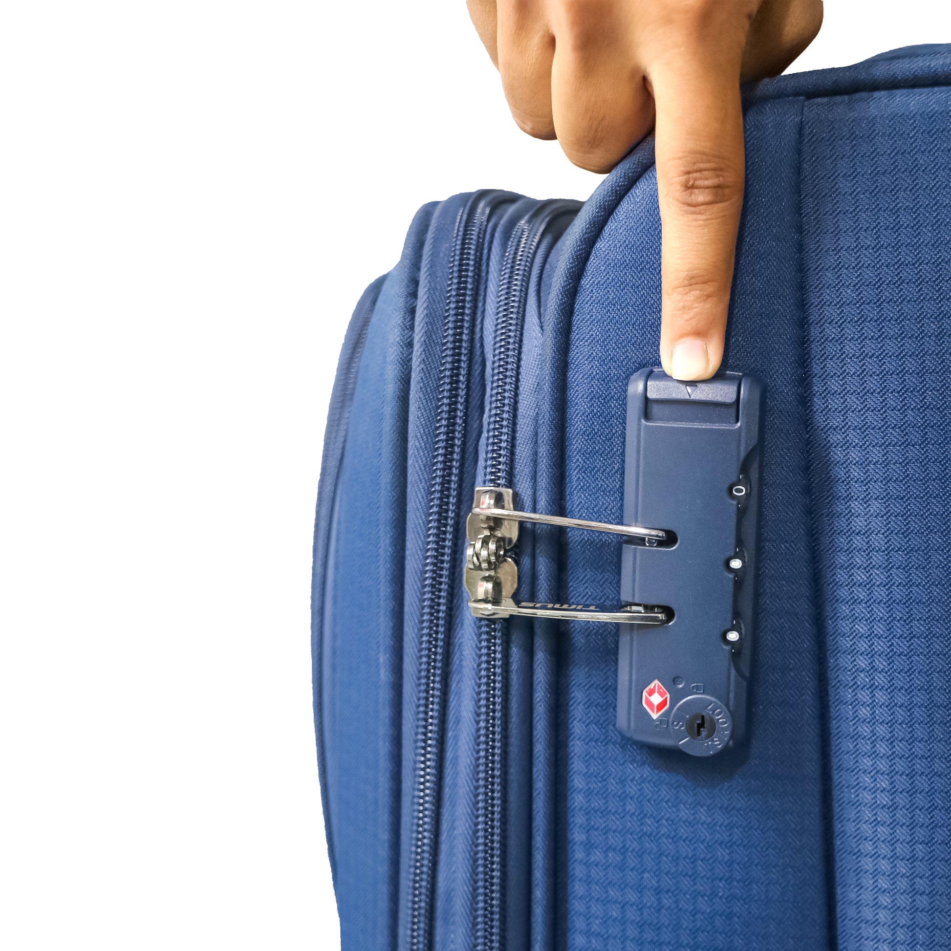Close-up view of the TSA-approved lock on navy blue Salsa Plus luggage, offering secure and travel-compliant locking for international trips.