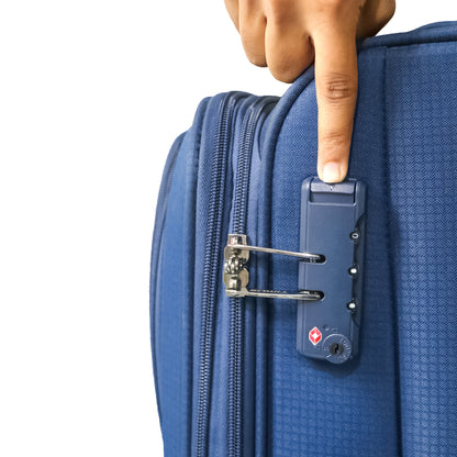 Close-up view of the TSA-approved lock on navy blue Salsa Plus luggage, offering secure and travel-compliant locking for international trips.