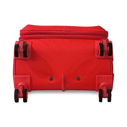 Bottom view of the red Salsa Plus soft luggage showing all 8 spinner wheels for 360° movement and smooth rolling.
