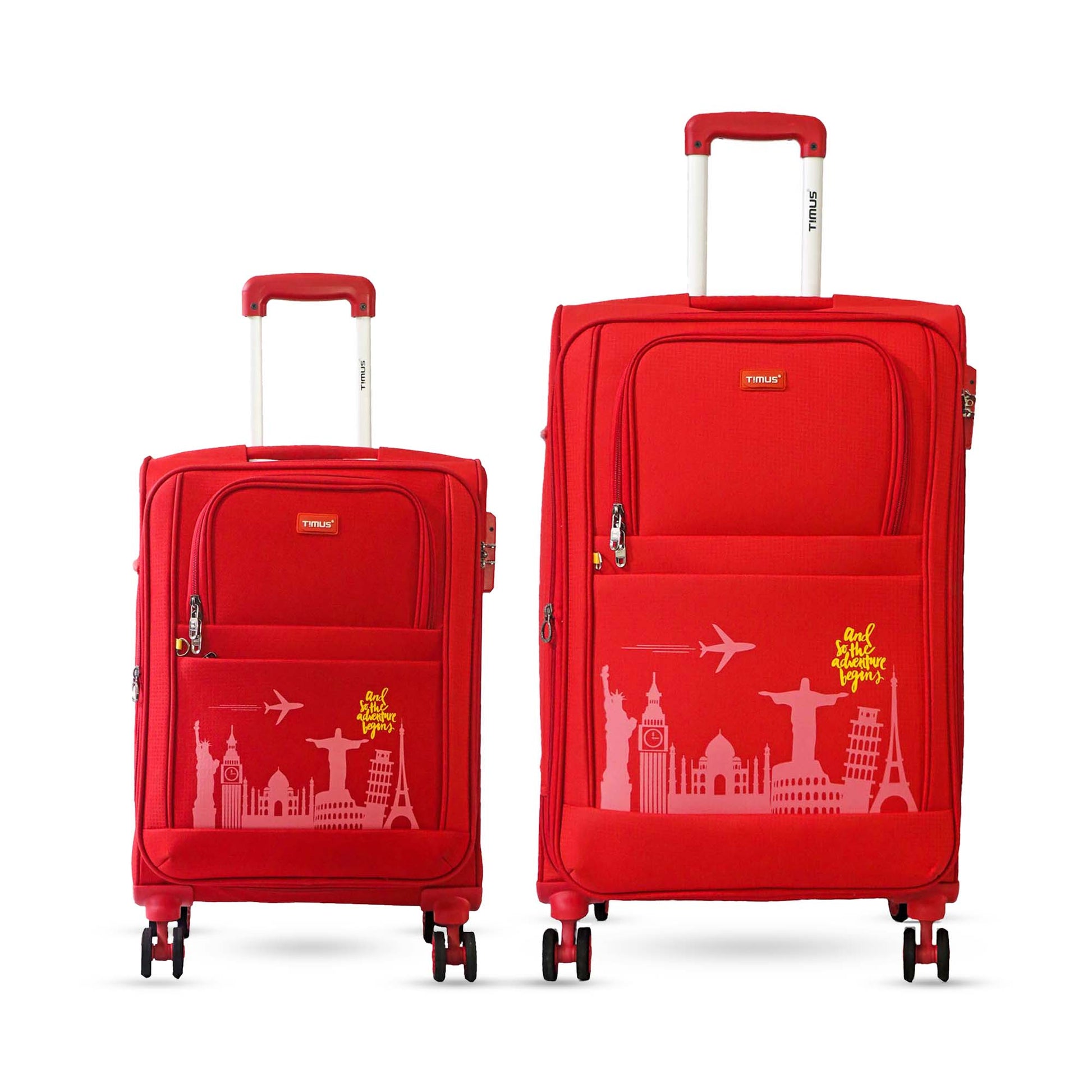 Salsa Plus red soft luggage set in 58 cm and 68 cm sizes, with travel-themed print, adjustable trolley handles, and 360-degree double spinner wheels.