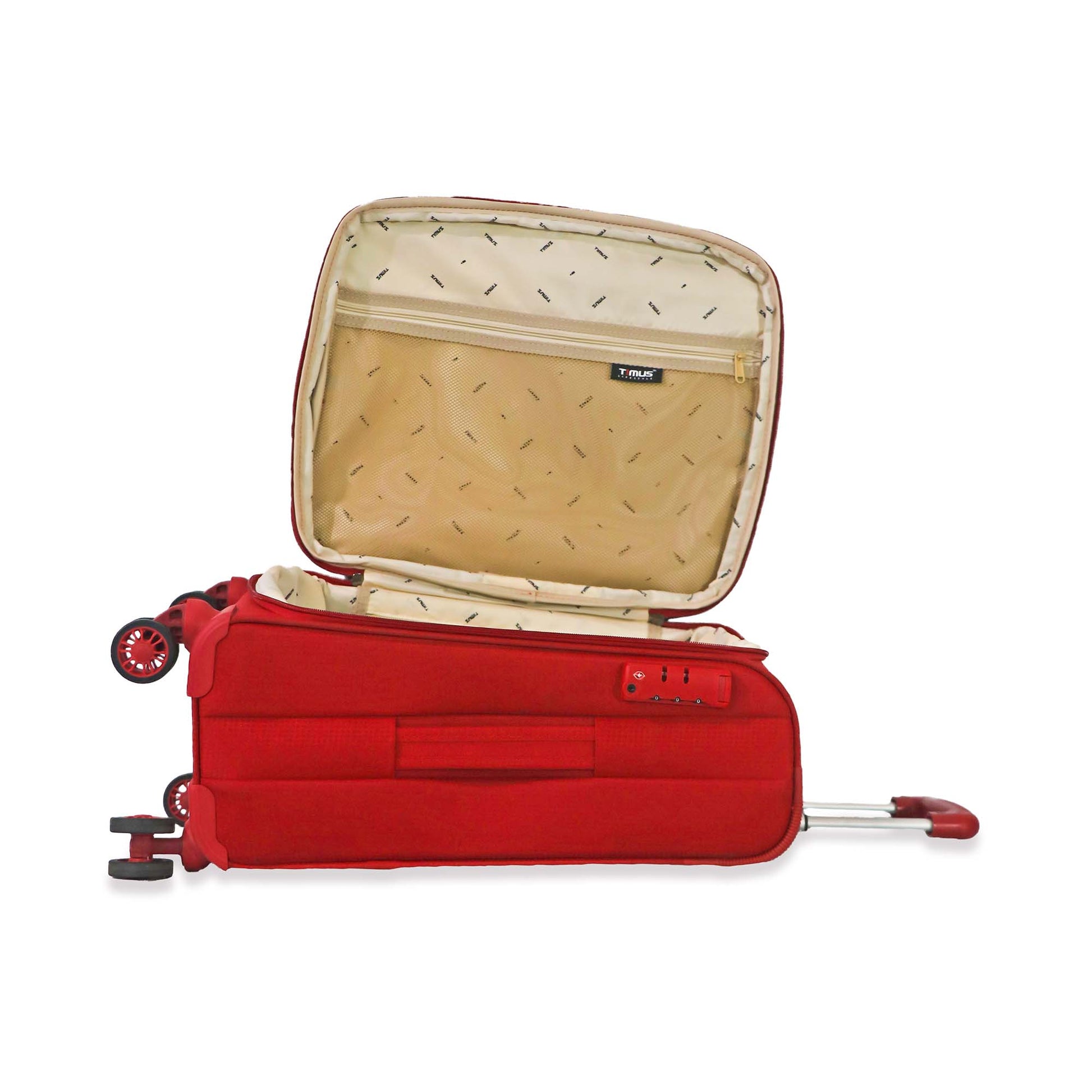 Flat open sleep view of the red Salsa Plus soft luggage showing the main packing compartment with internal straps and a zippered mesh pocket.
