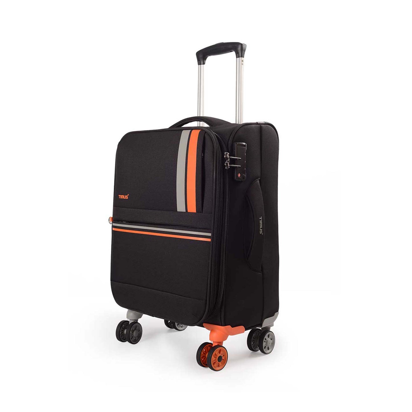 Left side view of Sportive black soft luggage showing the combination lock, side handle, extended trolley handle, and one uniquely colored double wheel.