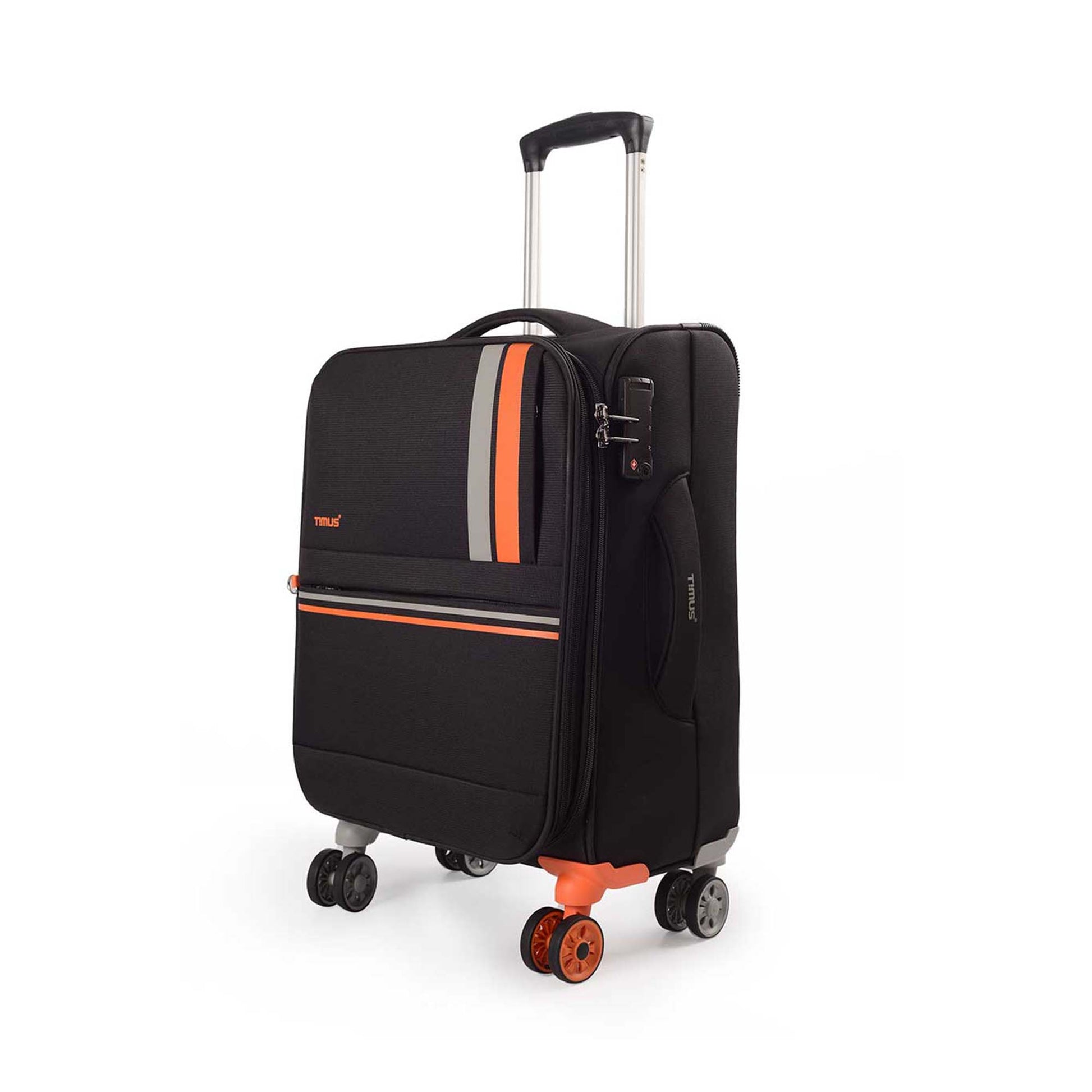 Left side view of Sportive black soft luggage showing the combination lock, side handle, extended trolley handle, and one uniquely colored double wheel.