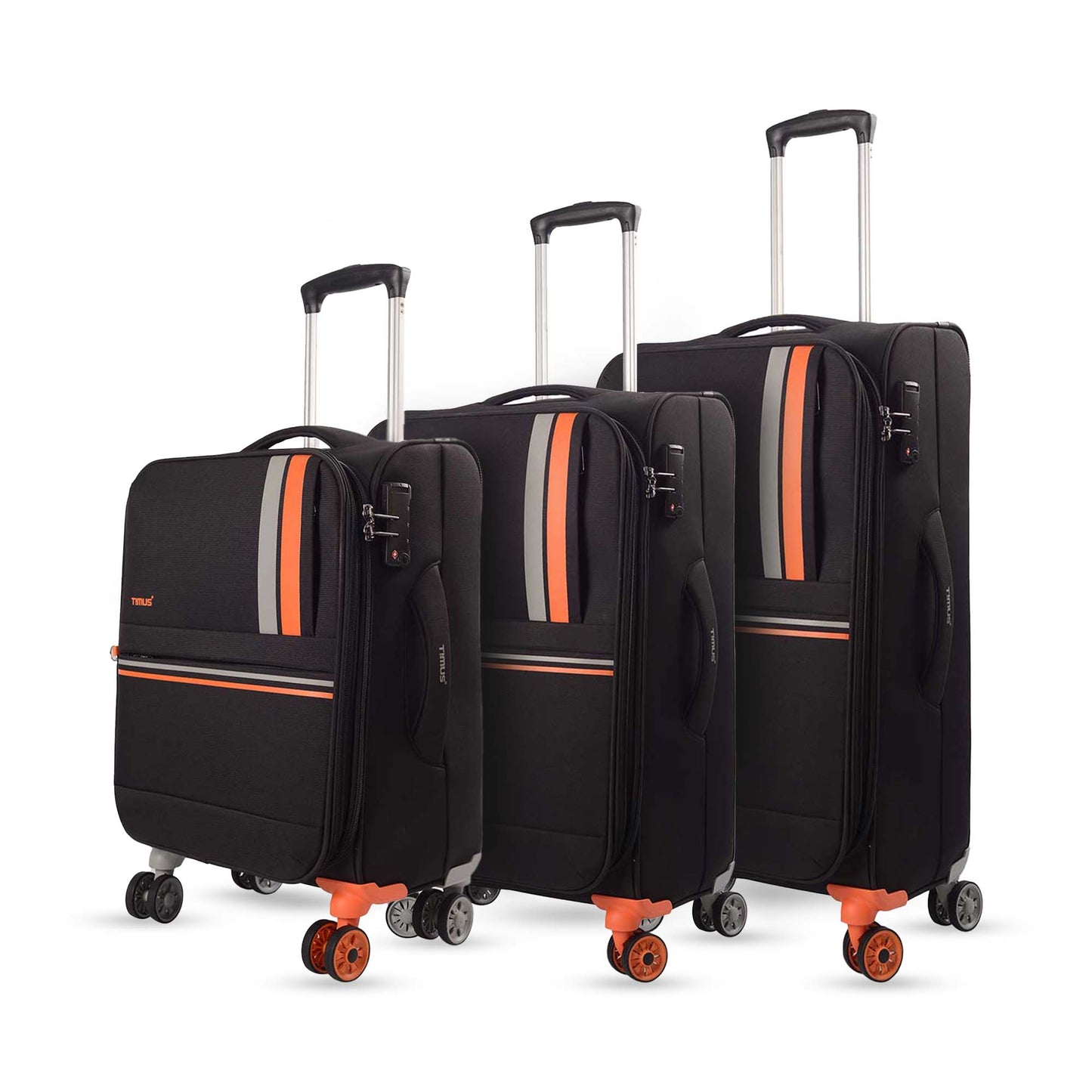 Side view of Sportive black soft luggage set in 58 cm, 68 cm, and 78 cm sizes, showing combination locks, side handles, contrast double wheel, and trolley handles.