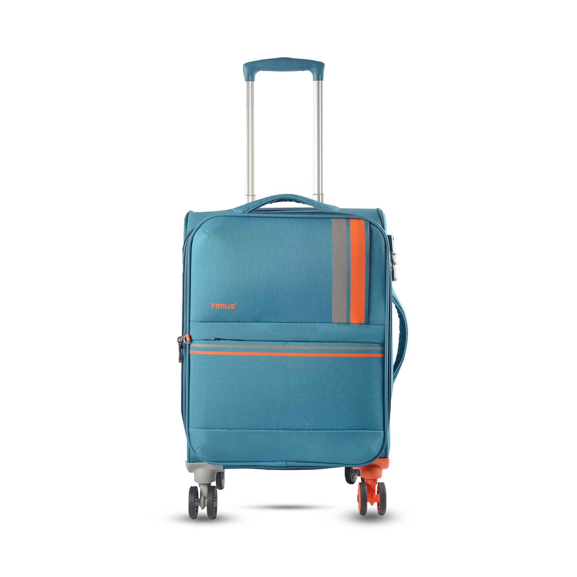 Front view of Sportive blue soft luggage with orange and grey stripe accents, two zippered front pockets, and contrast orange double wheel highlighting its unique 8-wheel design.