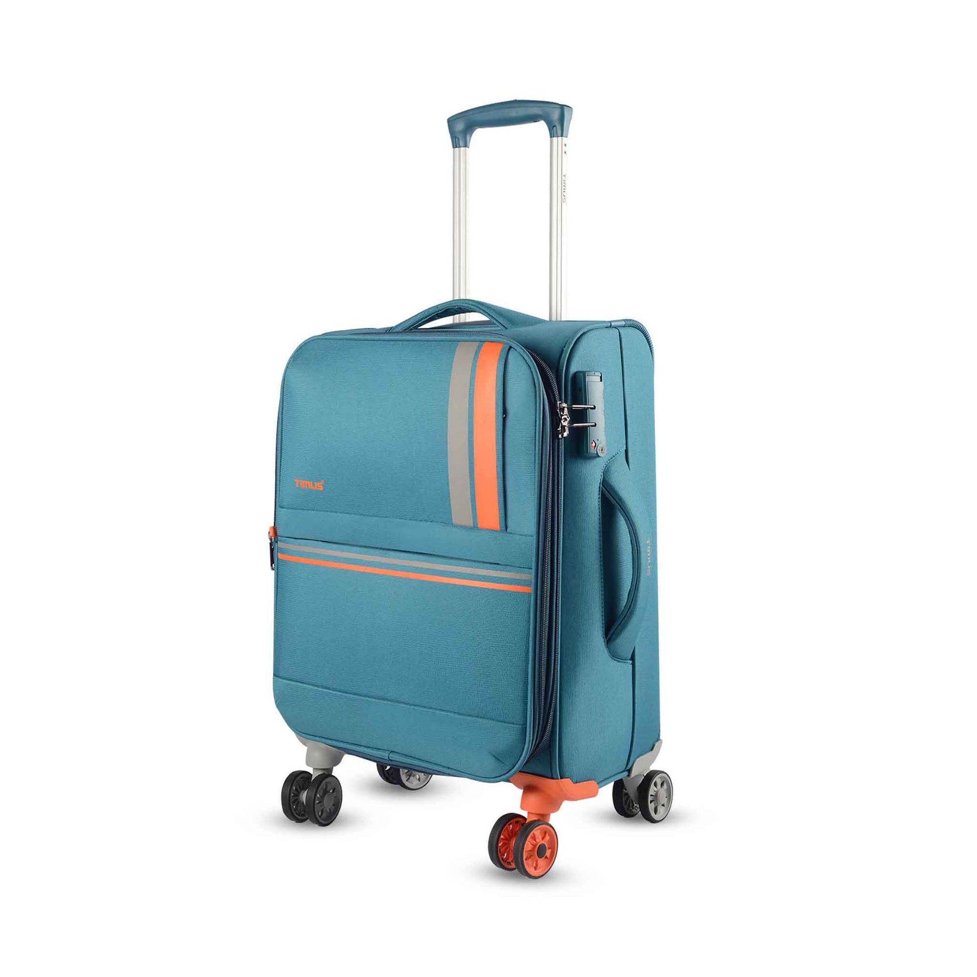 Left side view of Sportive blue soft luggage showing expanded trolley handle, side handle, built-in combination lock, and eight wheels with one double wheel in a contrasting orange color.