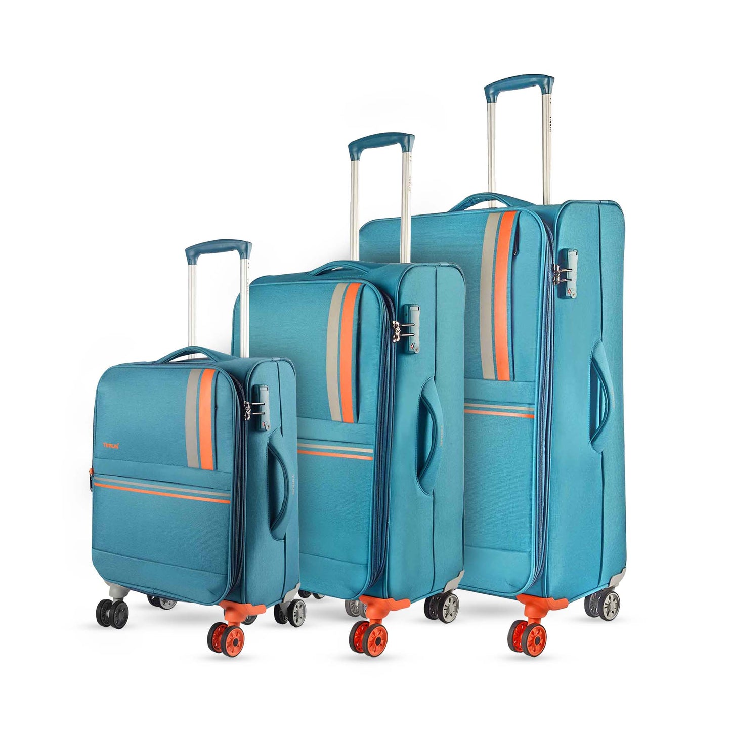 Side-angled view of Sportive soft luggage set in teal blue (58 cm, 68 cm, 78 cm) featuring orange accents, double wheels with one standout orange wheel per bag, and telescopic trolley handles.