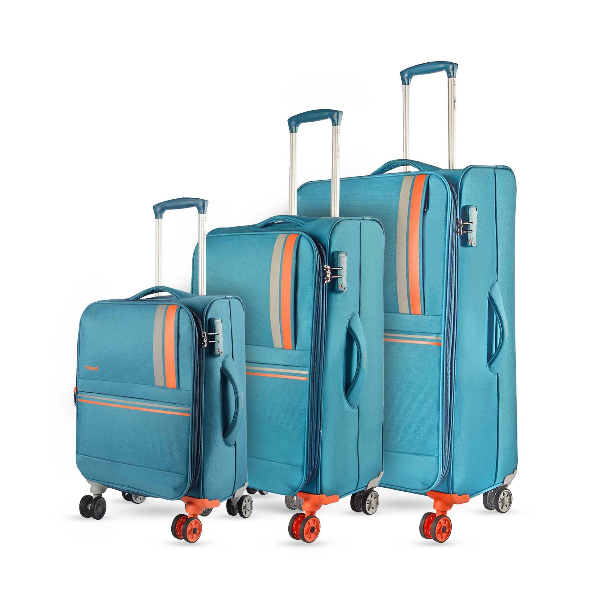 Side-angled view of Sportive soft luggage set in teal blue (58 cm, 68 cm, 78 cm) featuring orange accents, double wheels with one standout orange wheel per bag, and telescopic trolley handles.