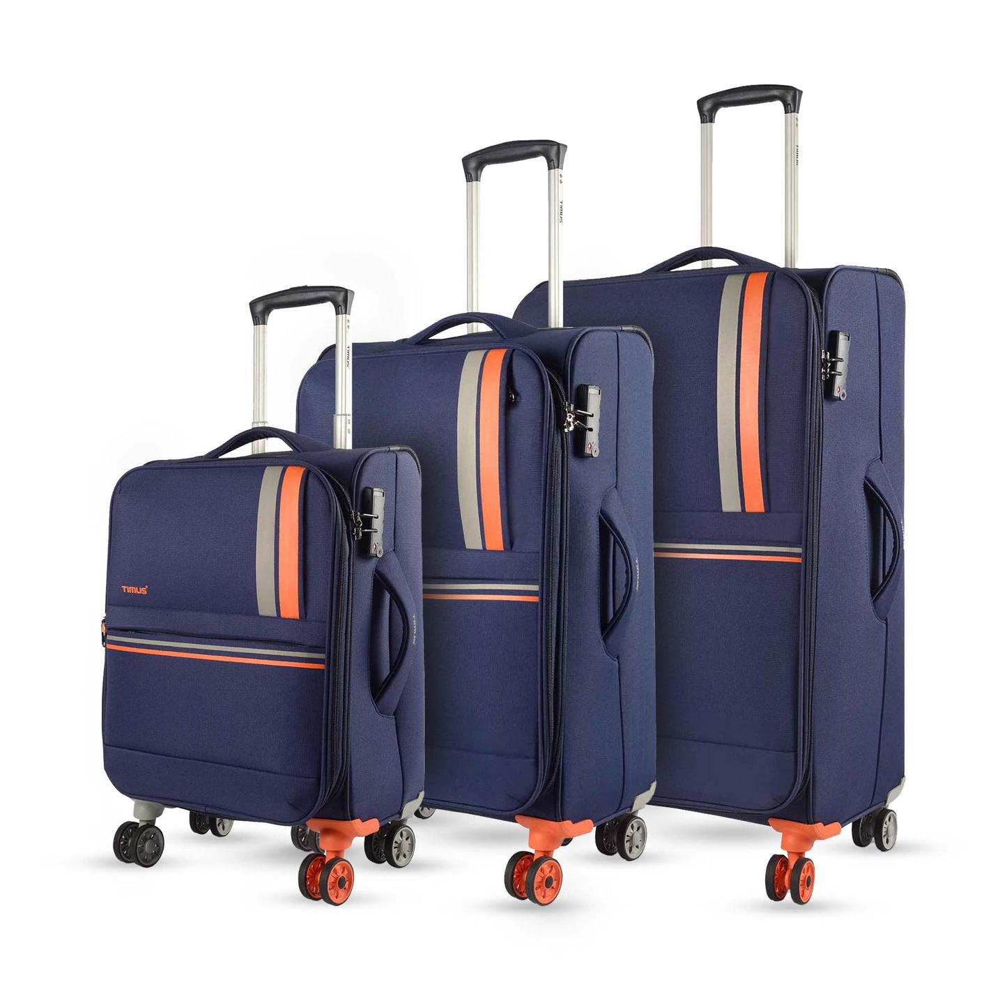 Side view of 3-piece Sportive navy blue luggage set (58 cm, 68 cm, 78 cm) with expanded trolley handles, side handles, contrast double wheels, and built-in locks