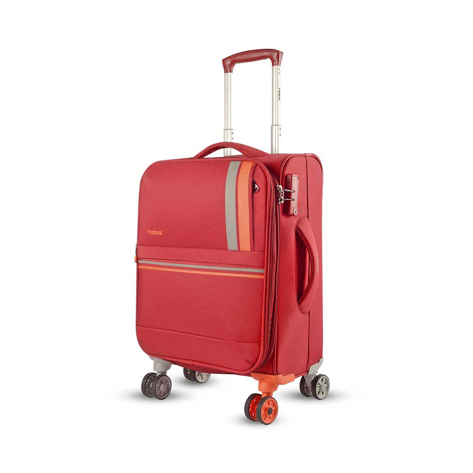 Left side of red Sportive luggage showing trolley handle, side handle, lock, and unique dual wheels