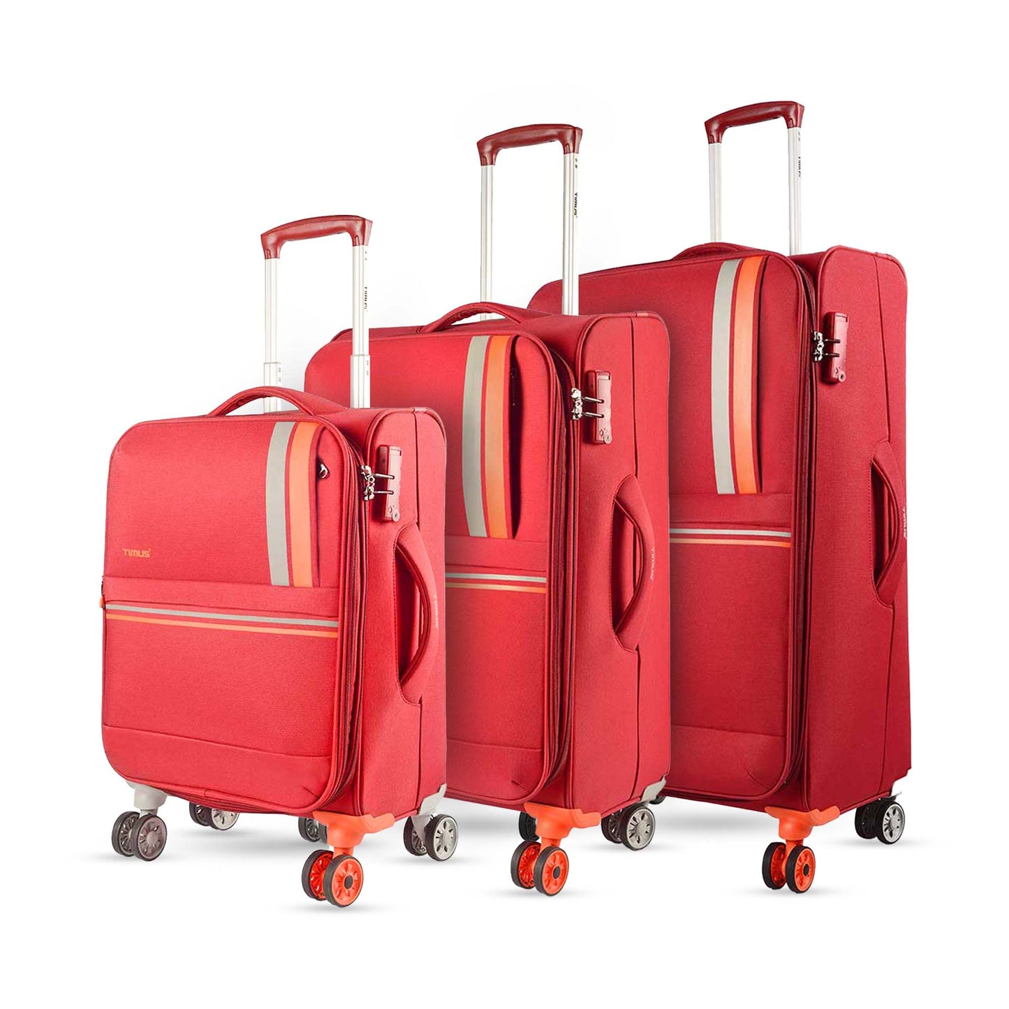Side view of Sportive red soft luggage set in 58 cm, 68 cm, and 78 cm sizes, showing combination locks, trolley handles, and contrast dual wheels.