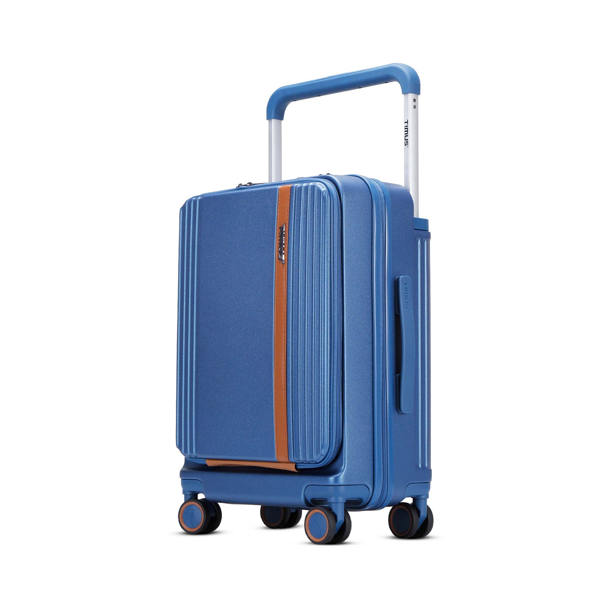 Left side angled view of Timus Starlite blue cabin luggage showing wide trolley handle, side handle, and spinner wheels. 