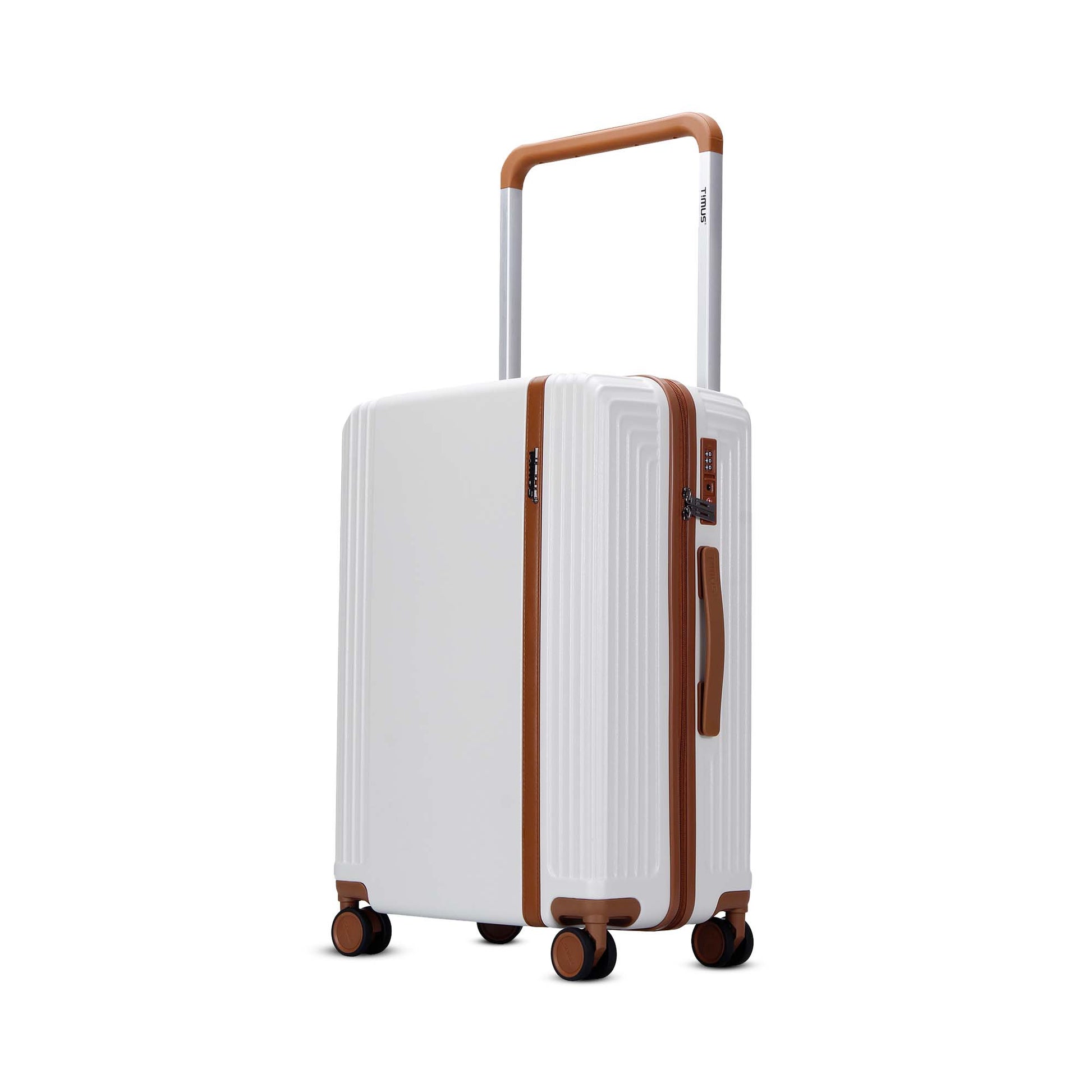 Left angled view of Starlite ivory luggage featuring brown telescopic handle, TSA lock, side handle, and dual spinner wheels.