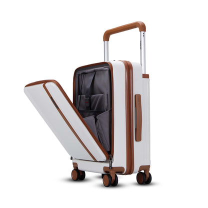 Front open view of Timus' ivory-colored Starlite hard luggage in standing position, displaying the dedicated laptop compartment with organized sleeves for tech accessories, ideal for business travel.