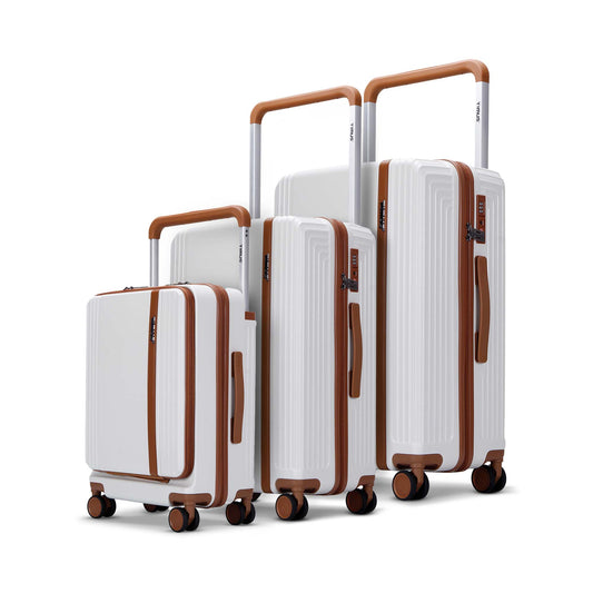 Starlite ivory 3-piece trolley luggage set with 58cm cabin-size luggage featuring a front laptop compartment, plus 68cm medium and 78cm large check-in sizes.