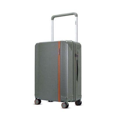 Left angled view of Timus Starlite 68 cm olive green medium check-in luggage showcasing TSA lock, side handle, and 360° double spinner wheels for easy mobility.