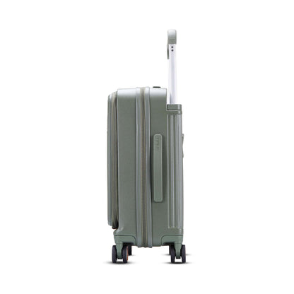 Left-side view of Timus Starlite olive green cabin luggage featuring a sturdy side handle, smooth hard shell, and extended telescopic handle.
