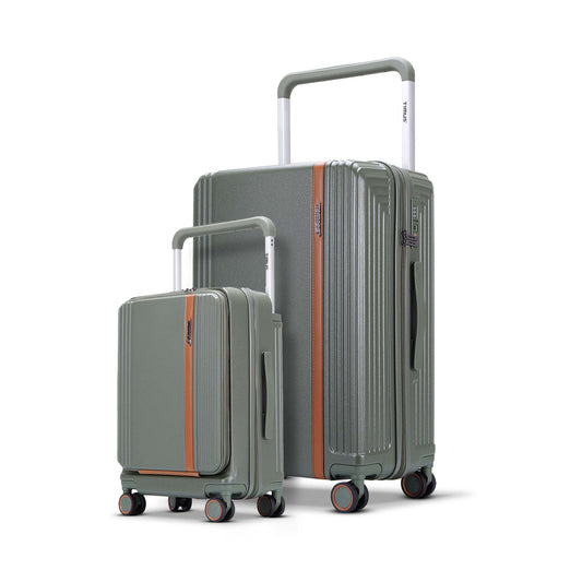 Starlite olive green 2-piece luggage set with 58cm cabin-size luggage featuring a front laptop compartment and 78cm large check-in luggage, both with wide trolley handles and 360° spinner wheels.